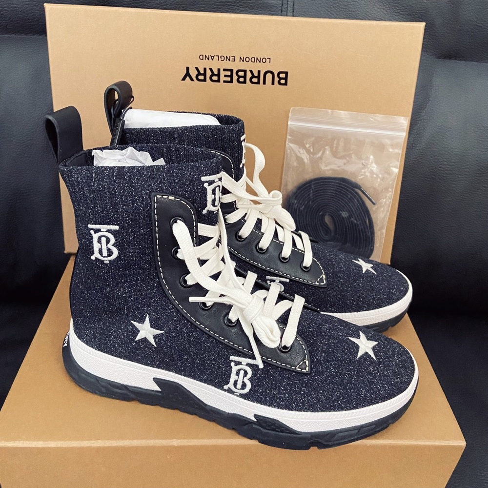 NIB Burberry Union Socks Lace-up Boots Logo Embroidered Blue Melange Sz 35